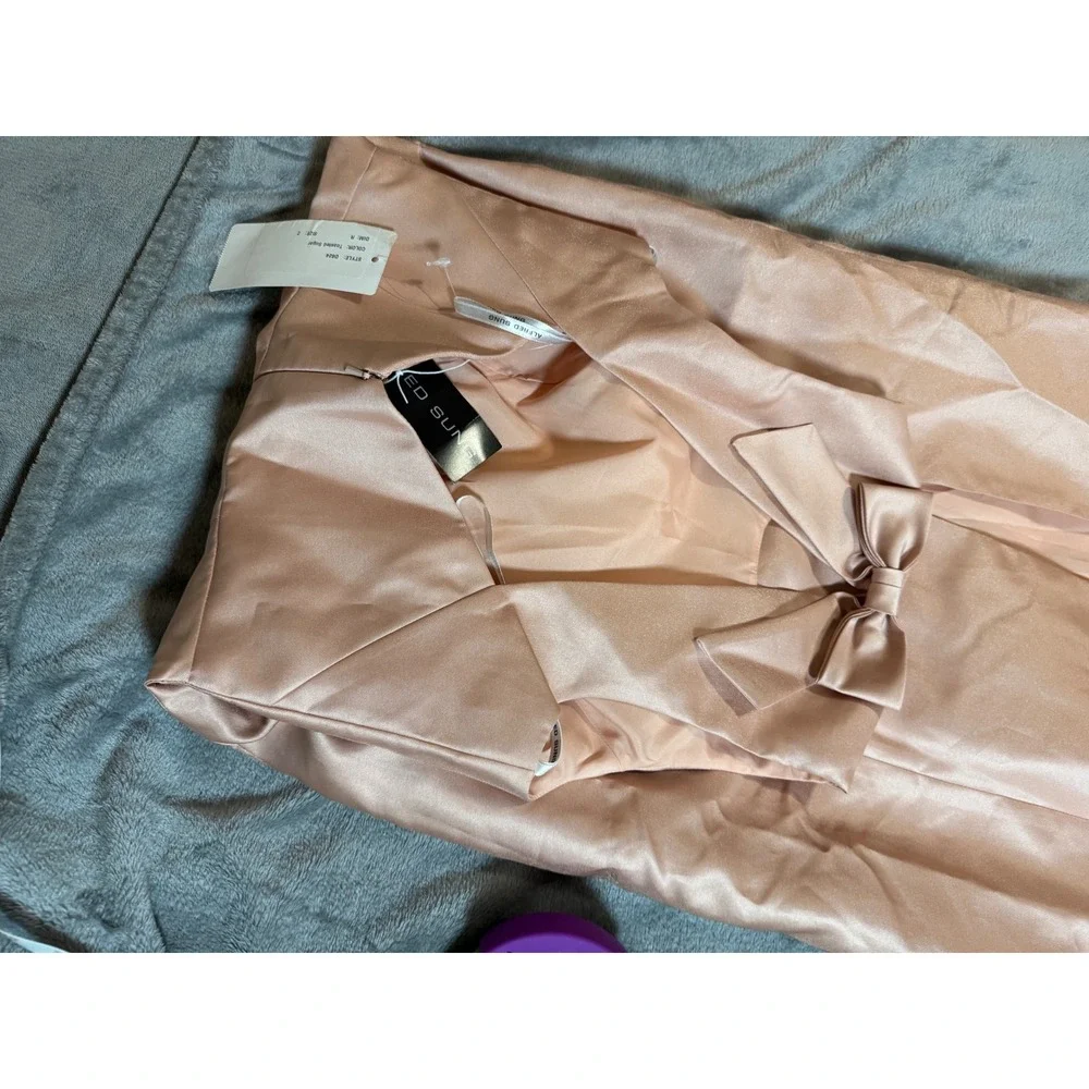 NWT Alfred Sung JEWEL NECK BOWED OPEN-BACK TRUMPET DRESS FRONT SLIT Pink 2R - Picture 7 of 11